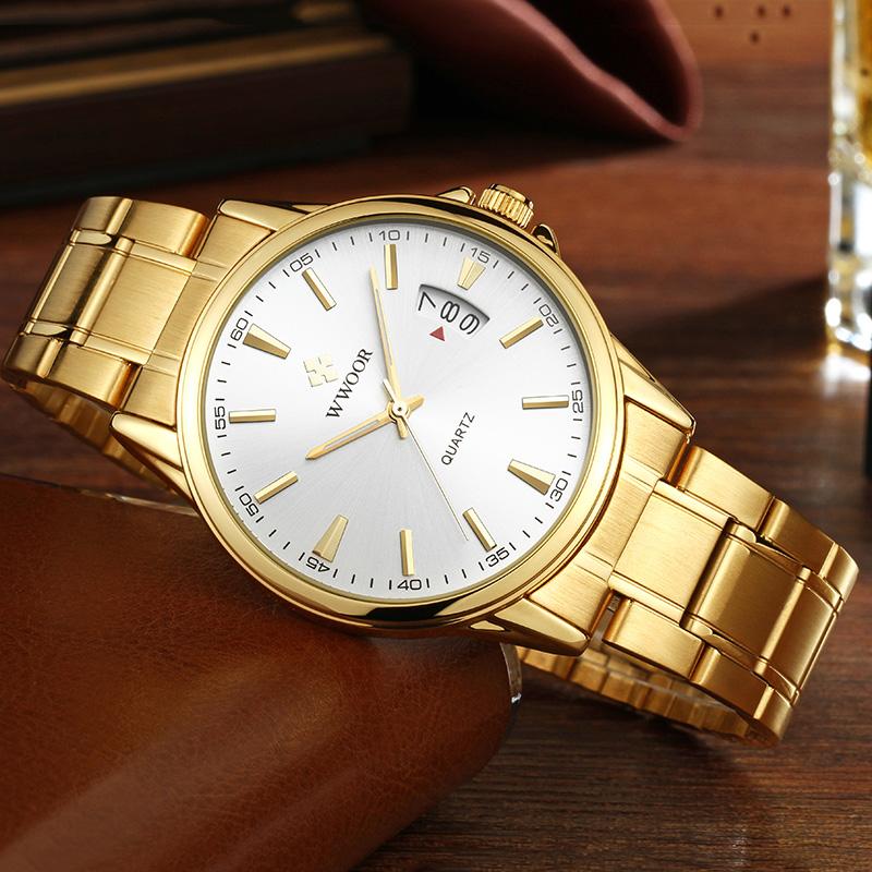 WWOOR Fashion Man's Watches Top Brand Luxury Gold Stainless Steel Quartz Watch Men Waterproof Wrist Watch Relogios Masculino