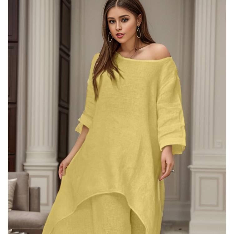 Женский летний офисный костюм, удобный свободный, круглый вырез, длинный рукав + длинные брюки, комплект из двух предметов