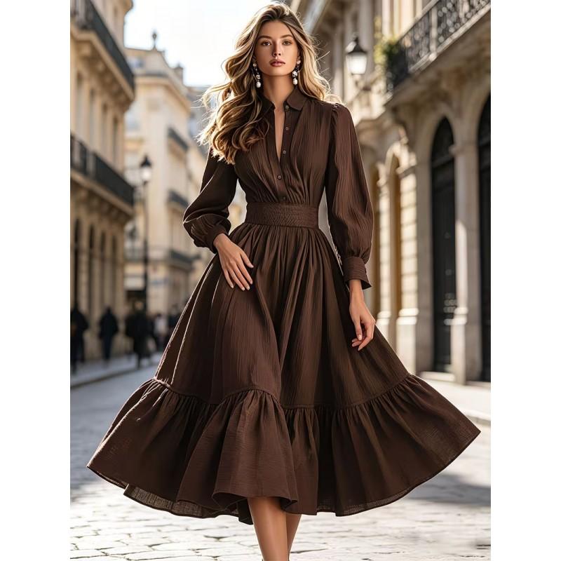 Womens Long Sleeve Dress 2026 A-Line Flared Skirt Slim Waist Shirt Collar Single Breasted Office Party Daily Wear