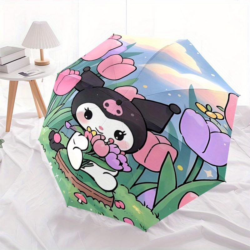 Flowers Kuromi Cartoon Umbrella, Portable 3-Fold Compact Umbrella, Suitable for Camping, Hiking and Travel, Ideal Easter Birthday Gift for Family and