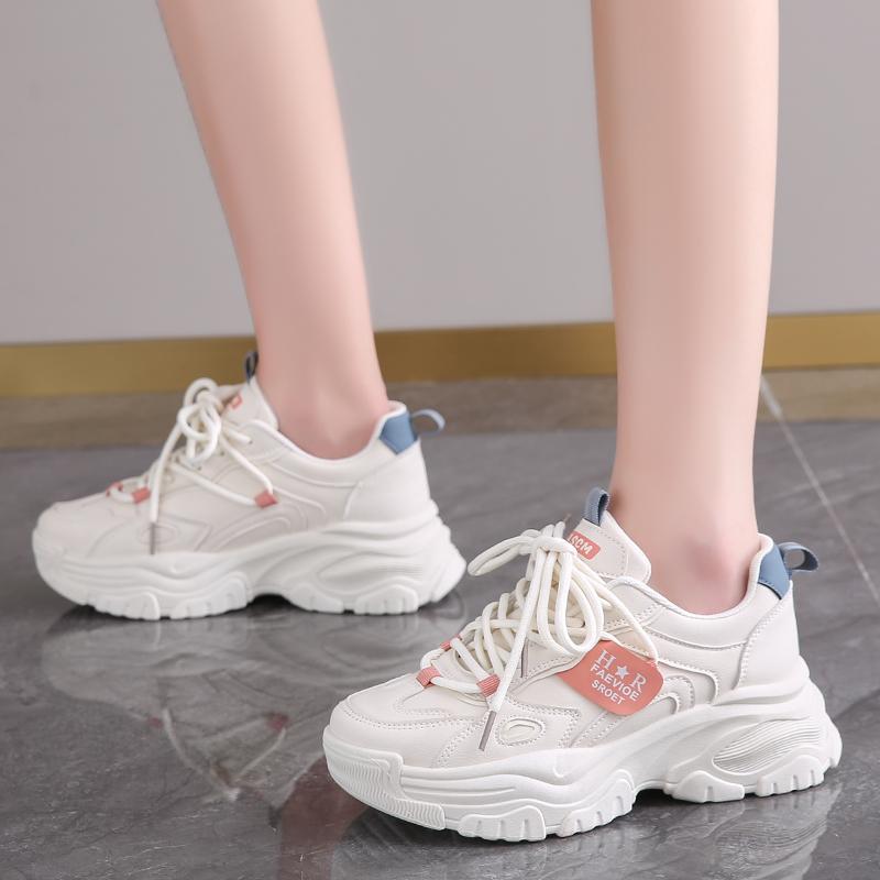 CRLAYDK Designer Chunky Sneakers for Women Platform Leather Lace Up Sport Dad White Shoes Wedge Casual Lady Walking Tennis