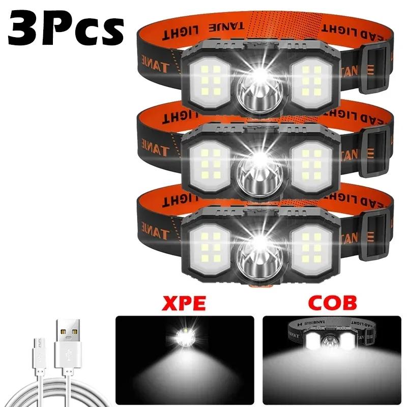 COB XPE LED Headlight Portable Flashlight Lantern Headlamp USB Rechargeable Outdoor Waterproof Headlight Built-in 18650 Battery