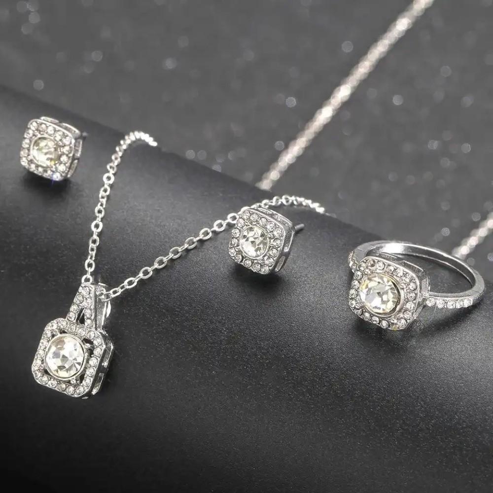 Pendant Square Necklace Crystal Ear Studs Exquisite Cube Jewelry Set  Girls