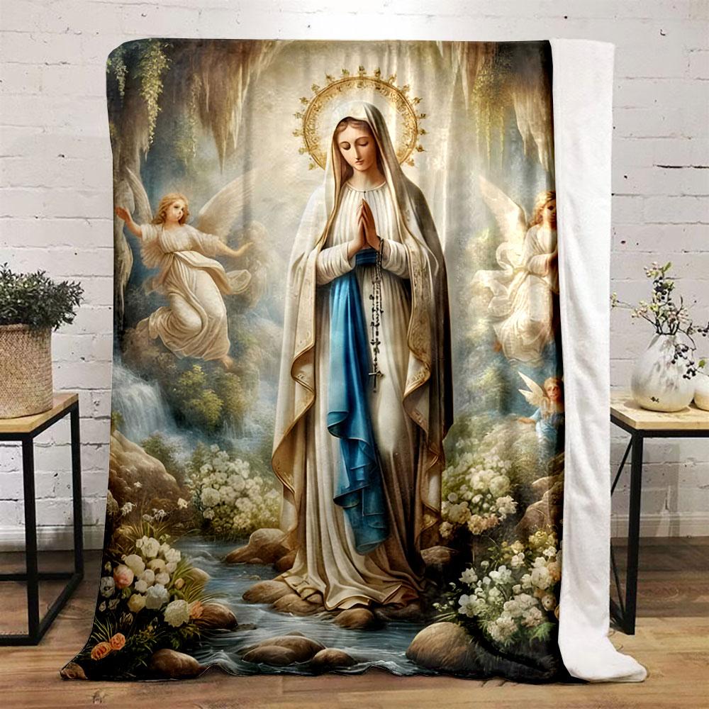 A serene figure in robes with a halo, surrounded by angels and nature. for all seasons blanket lunch break throw gift