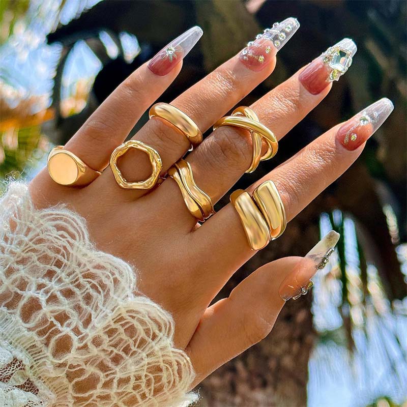 Gold Color Smooth Geometric Open Rings Set For Women Exaggerated Metal Irregular Thick Chunky Ring Jewelry Gift