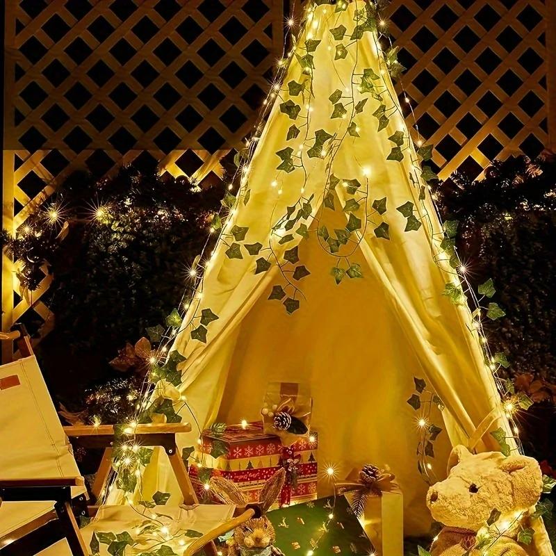 Зеленые листья, виноградные лозы, зеленые виноградные лозы, светодиодные фонари, декоративные фонари в виде кленовых листьев из медной проволоки, солнечные гирлянды