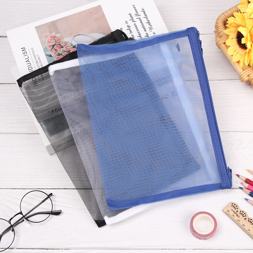 Handbags Cosmetic Stationery Zipper Pencil Case Mesh Pen Bag Transparent Grid Cosmetic Storage