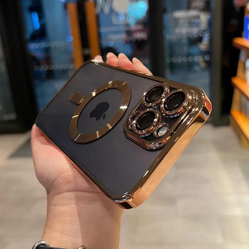 Luxury Transparent Magsafe Wireless Charging Case For iPhone 16 15 14 13 12  Pro Max Plus Magnetic Camera Lens Protector Cover