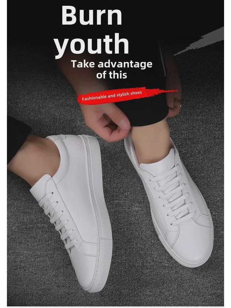 Мужские белые кроссовки в европейском стиле из натуральной кожи — модная повседневная обувь на толстой подошве