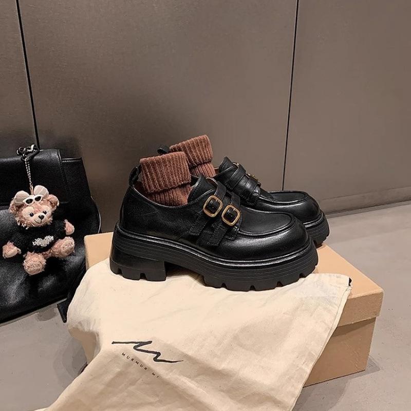 Туфли из вымытой лошадиной кожи, с маленькой золотой пряжкой, на толстом каблуке-платформе, лоферы, одинарные туфли, женские туфли из маленькой кожи