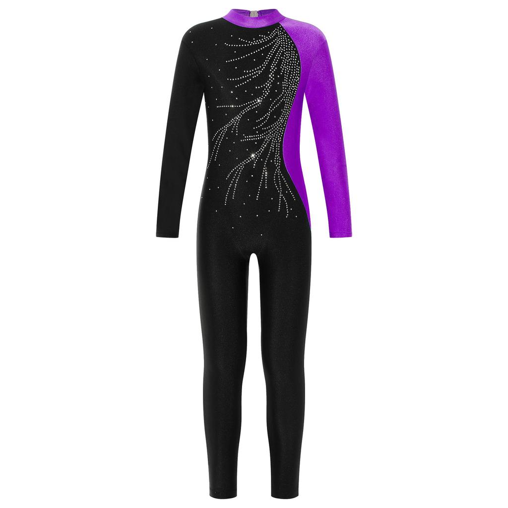 Kids Girls Long Sleeve Shiny Rhinestone Decor Dance Slim Fit Gymnastics Skating Leotard Jumpsuit