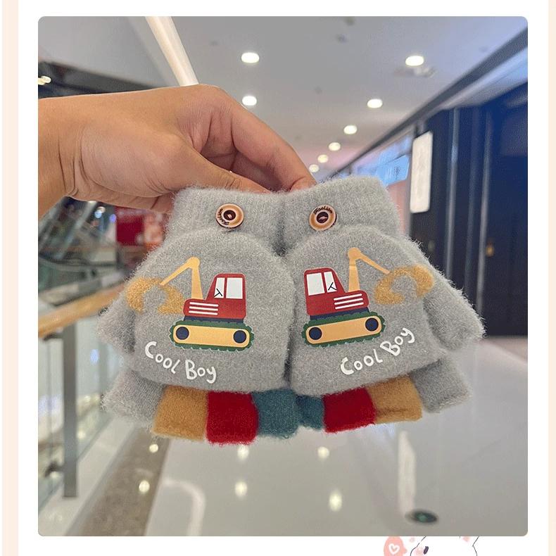 Мультяшные зимние перчатки для мальчика, милые экскаваторные толстые теплые детские варежки с полупальцами, ветрозащитные детские перчатки для отдыха на природе