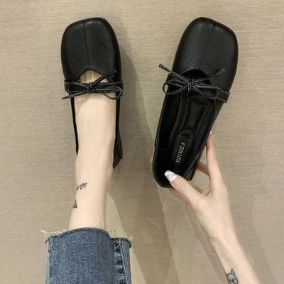 Кожаные Повседневные с Бантом Черные Женские Балетки Низкий Каблук Элегантные Офисные Дешевая Ликвидация Популярные Нескользящие Весенние Туфли Обувь для Женщин