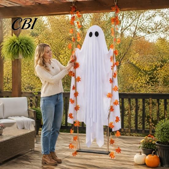 Weather Resistant Ghost Decor Hanging Swinging Halloween Decoration for Outdoor Garden Yard, Weighted Fabric Flying on A Lighted Porch Swing with LED