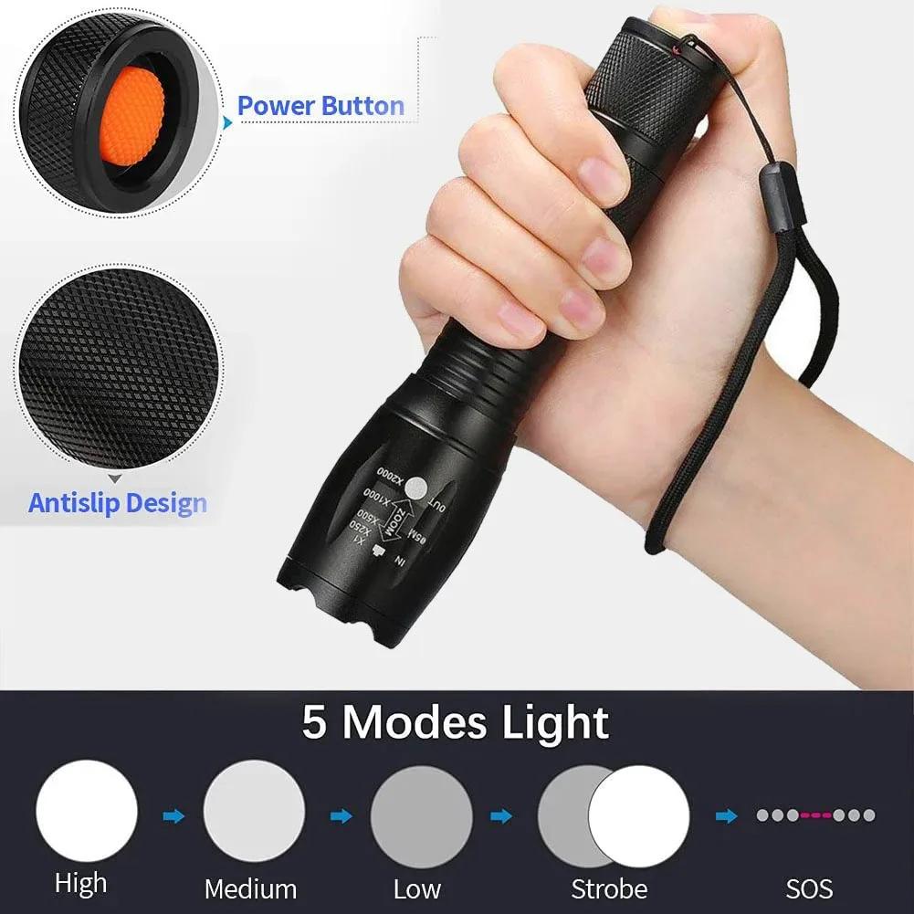 Powerful T6 LED Flashlights Camping Torch 5 Light Modes Zoom Light Aluminum Alloys Waterproof Material External 18650 Battery