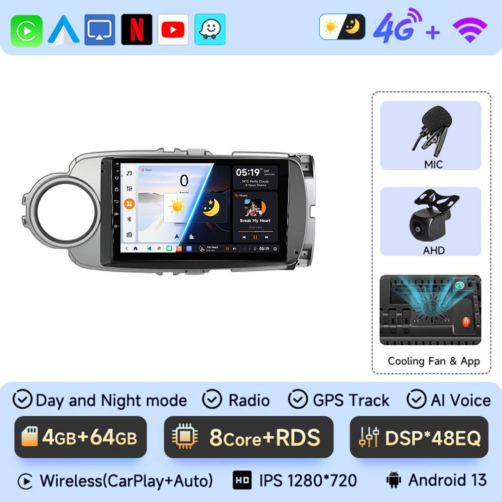 JIUYIN 9-дюймовая автомобильная магнитола Android 13Для Toyota Yaris 2012 - 2017 Мультимедийный плеер Android Auto Беспроводной Carplay GPS 2Din DVD