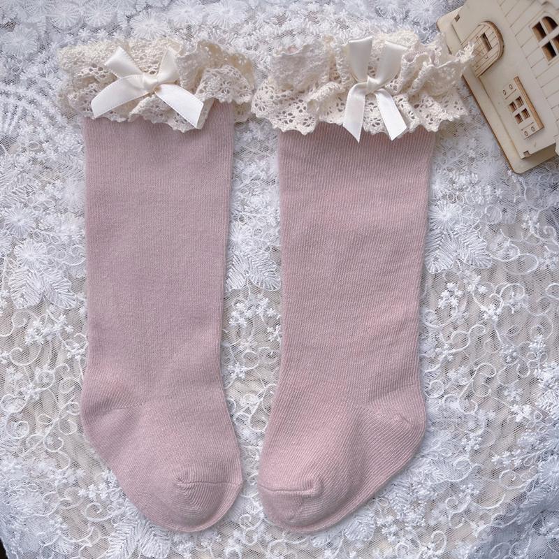 Baby Girls Cotton Knee High Socks With Lace Ruffle Autumn Winter Princess Long Socks For Toddlers Kids Age 0-5 Years