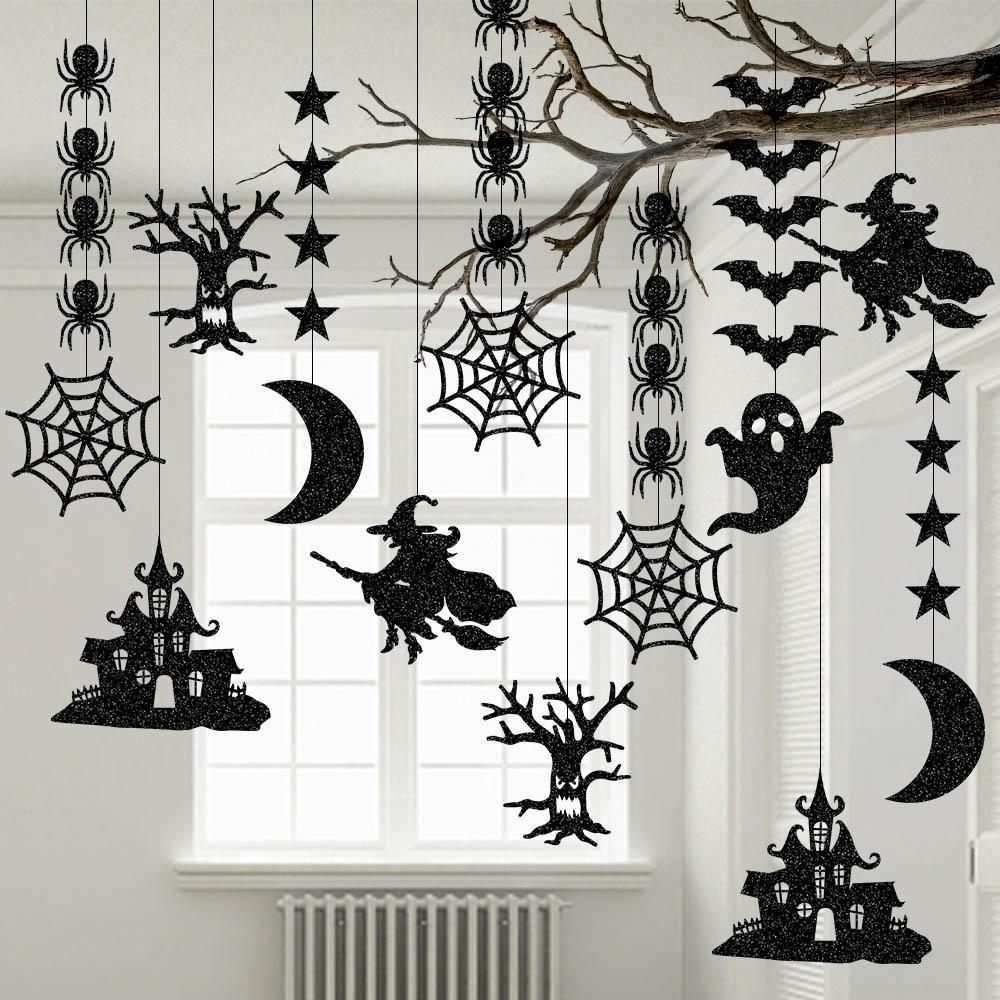 Halloween Banner Garland with Bat Spider Web Print and 3D Honeycomb Pumpkin for Party Door Home Decoration