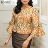 Casual U-Neck 3/4 Flounce Sleeve Floral Printed Blouse