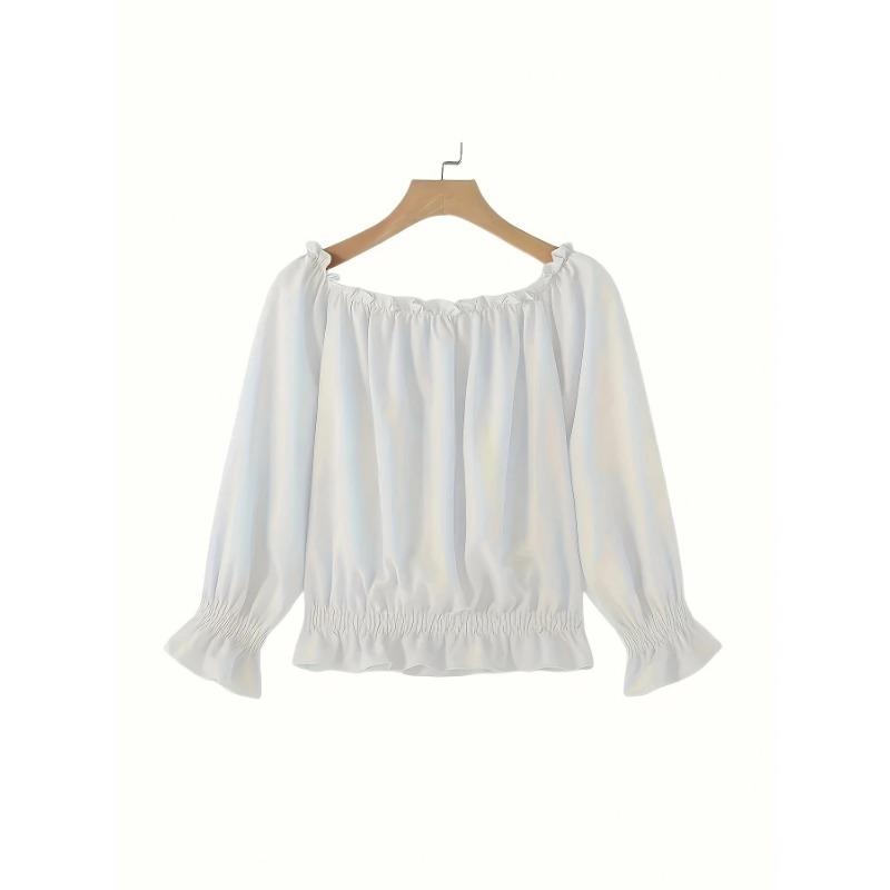 Women's New One Neck Chiffon Shirt Waisted Ruffled Hem Long-sleeved Short Section Summer Sweet Blouse