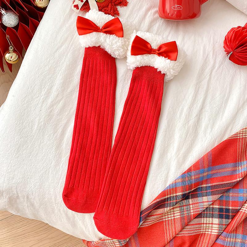 1 пара красных чулок, новогодние носки, хлопок, бант, кружево, плюш