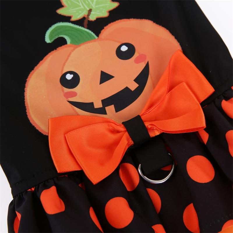 BXX Halloween Pumpkin Face Applique Dog Dress Polka‑Dot Ruffle Skirt Bow D‑Ring Design Party Outfit For Small Puppies