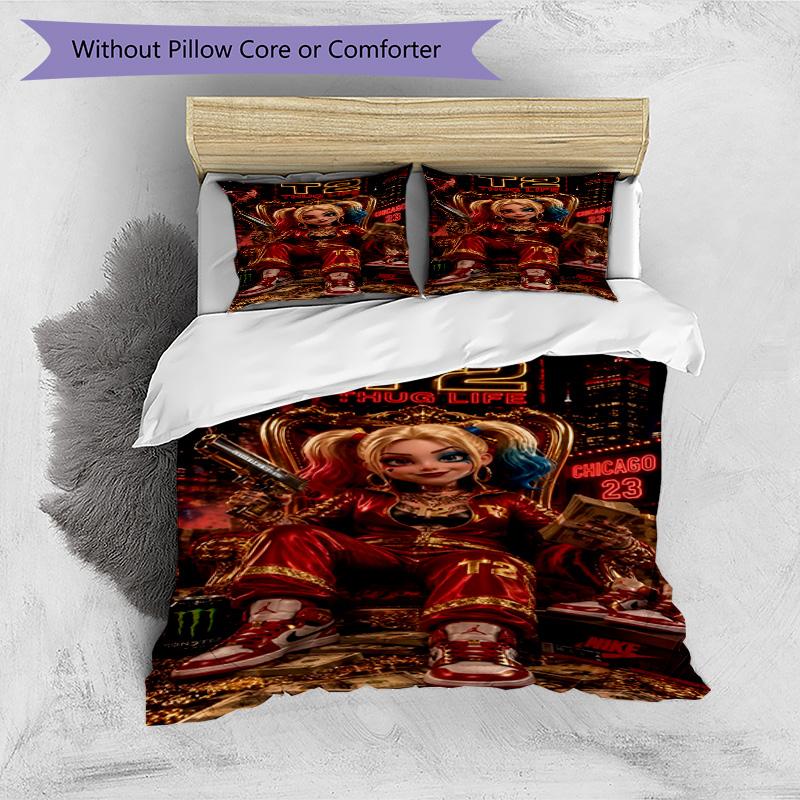 3pcs Duvet Cover Set (1*Duvet Cover + 2*Pillowcase, Without Core), Harley Quinn Joker Print Bedding Set, Bedroom Decor, All‑Season, Birthday Gift