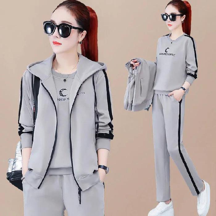 Women's Spring and Autumn Plus Size Round Neck Sweatshirt + Hooded Vest + Casual Trousers Sports Three Piece Set