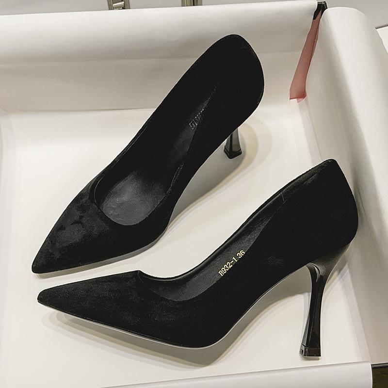 Comemore Black High Heels Women Pointy Head Professional Thin Heeled Single Shoes Female Sexy Suede Stiletto Party Dress Pumps