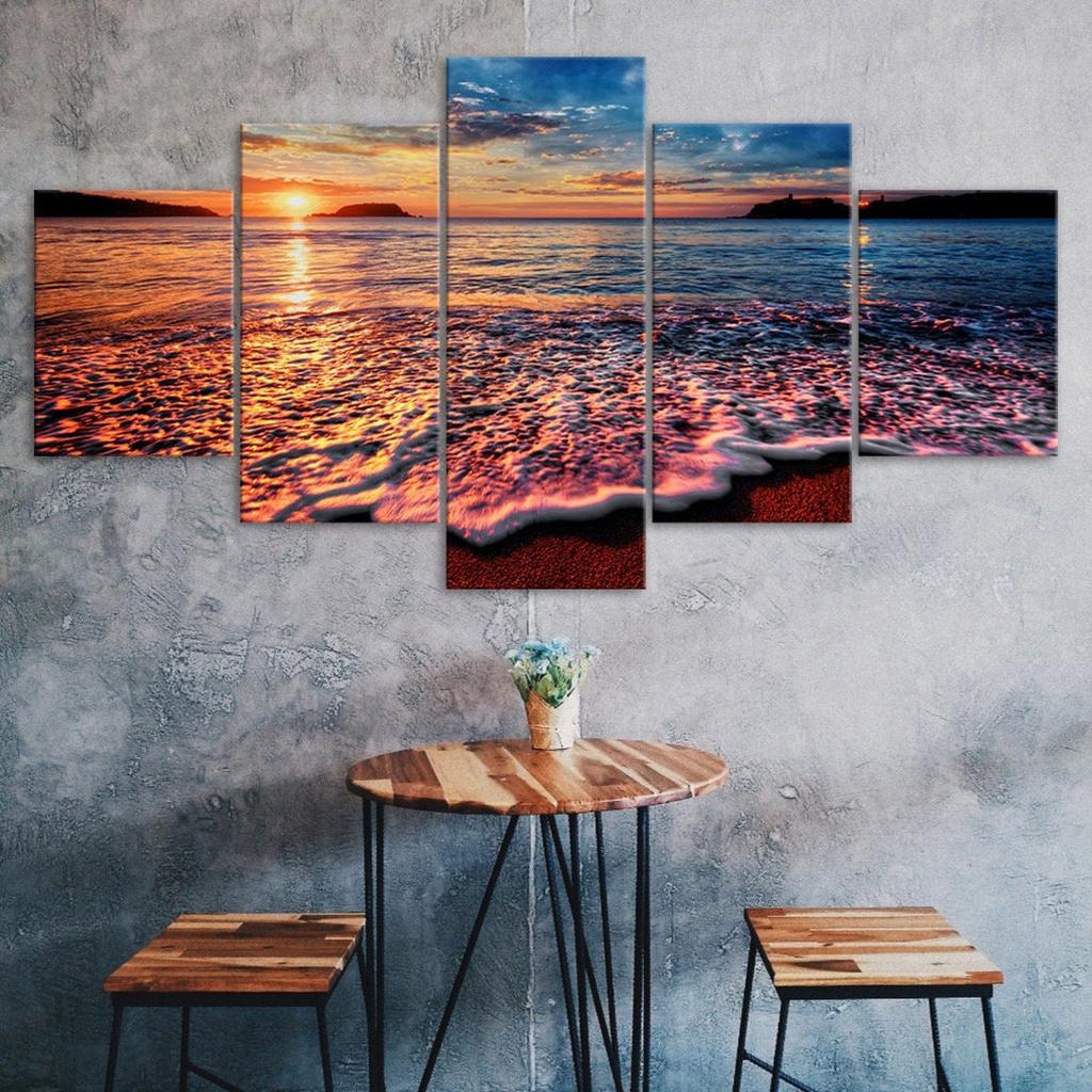 Sunset Beach Ocean Sea Waves 5 Piece Five Panel Wall Canvas Print Modern Art Poster Picture Home Decor Gift For Him For Her