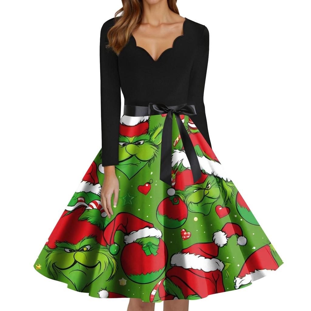 Женское модное платье с V-образным вырезом, повседневное, приталенное, с рождественским принтом, с длинным рукавом