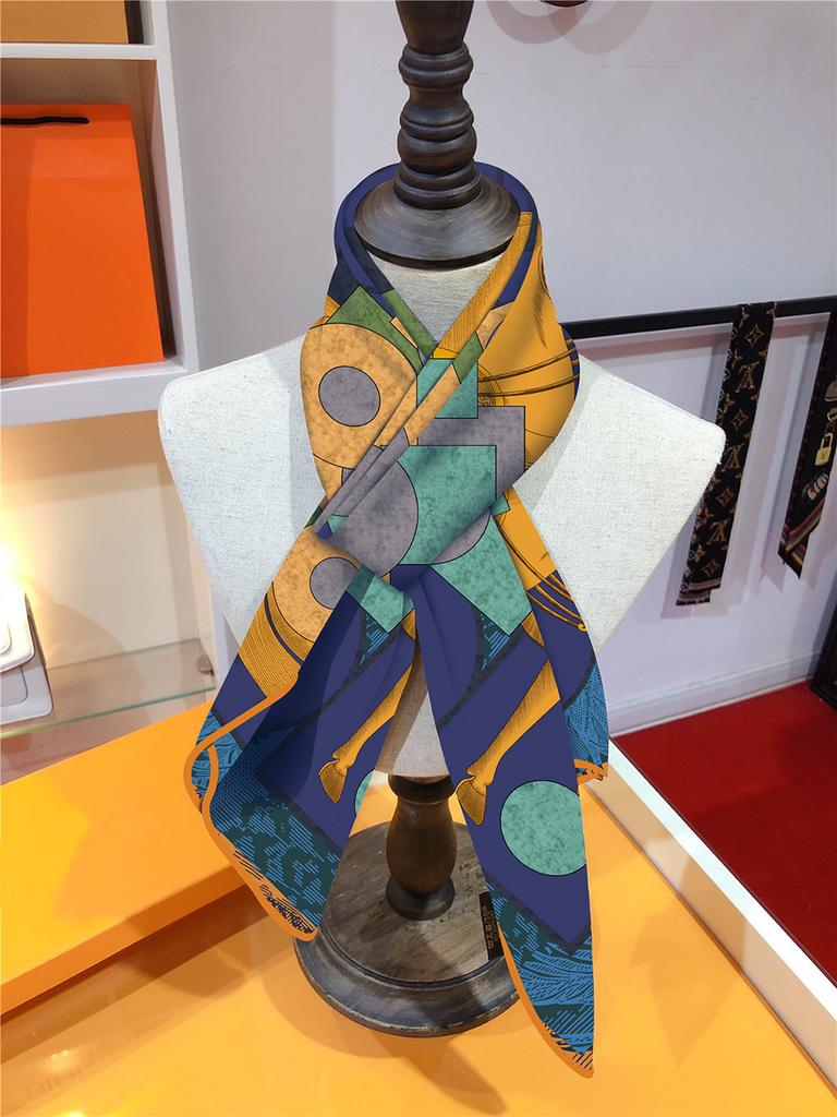 Luxury Fashion Twill Silk Scarf for Women French Dots Horse Wraps Headband Shawl Stoles Hijab Lady Square Foulard Bandana