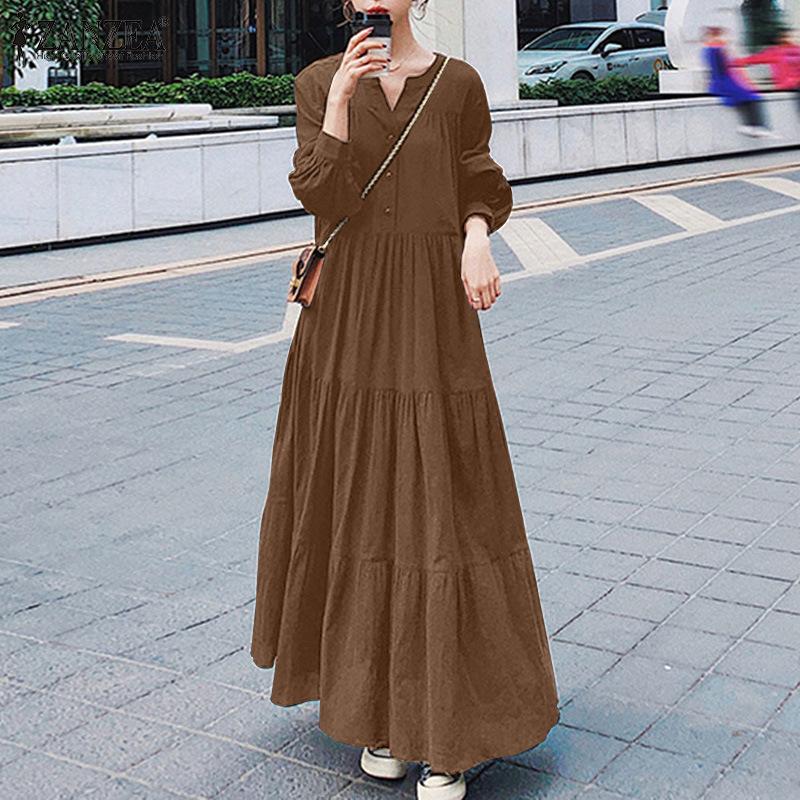 Swing Dress Women - Long Sleeve V-Neck Ruffled Maxi Boho Loose Fit Work To Weekend