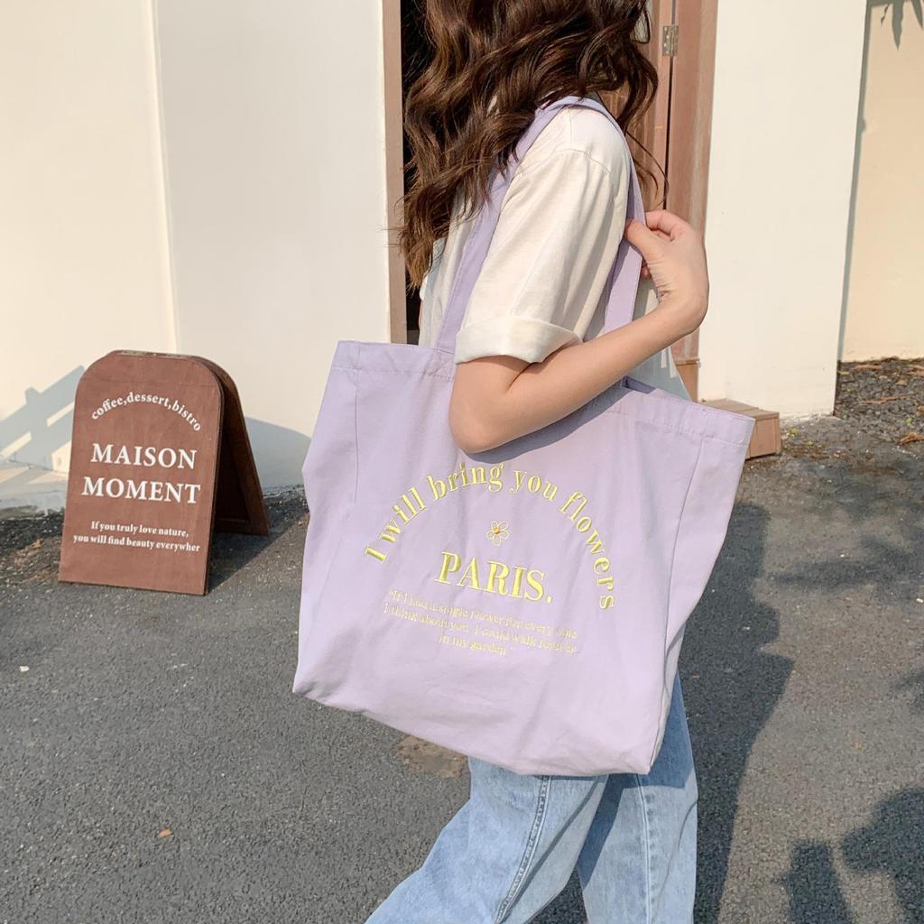 Women Letter Embroidery Shoulder Canvas Large Capacity Student Tote Bag