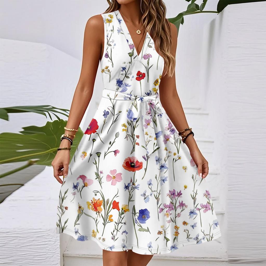 Women's Spring And Summer Casual V-Neck Sleeveless Waist Floral Print Midi Dress