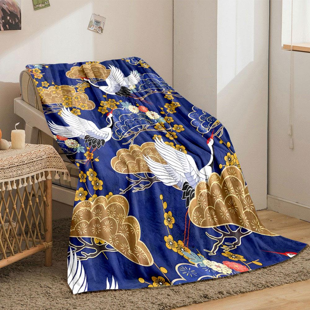Cranes Plum Blossoms Clouds Print Flannel Blanket bedroom Blanket for Livingroom Couch lunch break Soft throw for Friend's festival Gift