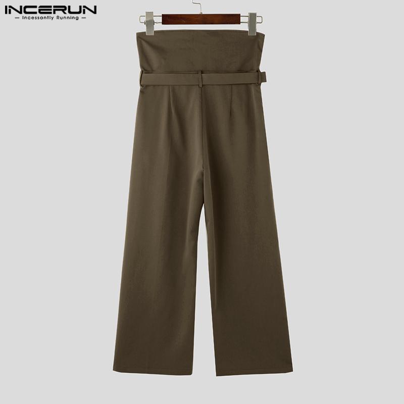 INCERUN Мужские прямые брюки с высокой талией на молнии, однотонные повседневные свободные длинные брюки