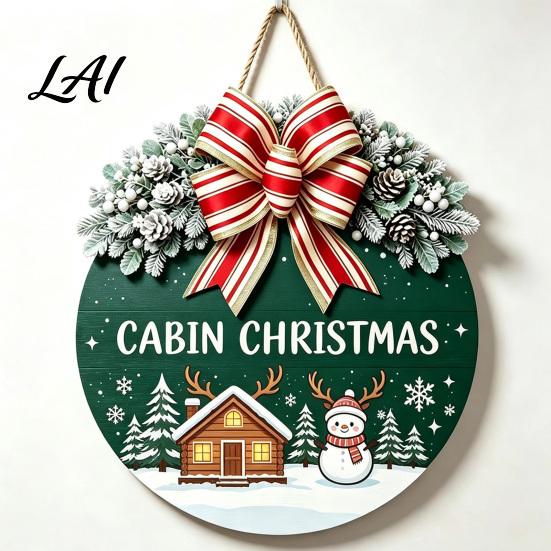 Seasonal Wall Art Christmas Wooden Welcome Sign for Front Door Round Hanging Ornament with Gift Artificial Pine Branches & Bow Decor Holiday
