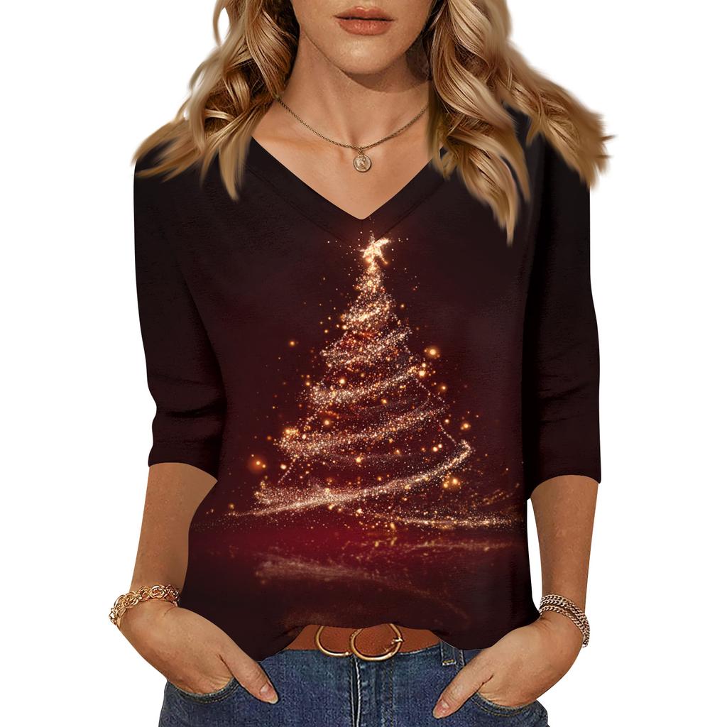 Women's Tops Three-quarter Sleeve Shirt V-neck Loose Casual Shirt Print T-shirt
