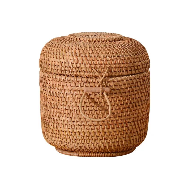 Handwoven Rattan Storage Box with Lid Tea Food Container Kongfu Tea Set Bread Fruit Basket with Lid Puer Tea Bag Organizer