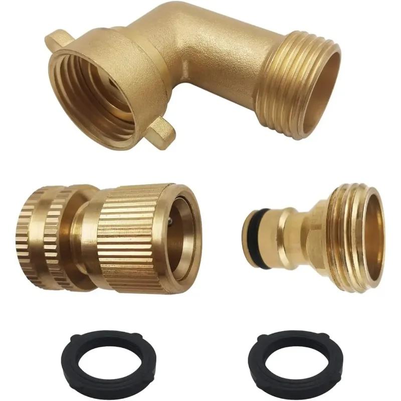 2 шт. Садовый шланг-адаптер из цельной латуни, 3/4 дюйма, угловой соединитель 90 градусов и быстроразъемное соединение для шланга 3/4 дюйма