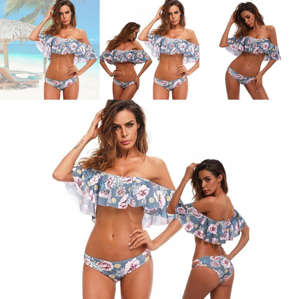 Sexy Off-the-shoulder Bikini With Ruffled Edges And Floral Accents High Quality Polyester Material