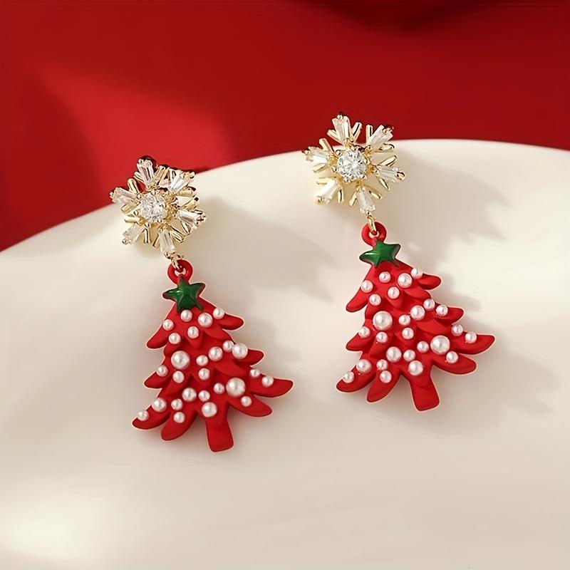 1 Pair Festive Christmas Tree Earrings, Women'S Fashion Dangle Earrings with Rhinestone Snowflakes, Luxurious Style, Perfect for Holiday Parties