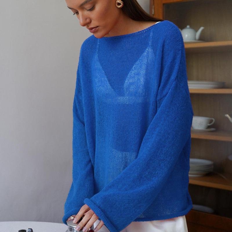 Fashion Hollow Loose Knitted Pullovers T-shirt Women Tops Spring Round Neck Flare Sleeve Women T Shirts Casual Autumn Thin Perspective Sexy Tee 25946