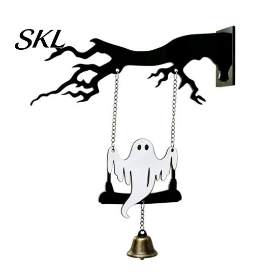 Halloween Door Decoration Ghost Swing Bat WELCOME Wind Chime, Bell with Vintage Copper Front Hanging Tag Bells, Rustic Wooden Ornament for Haunted
