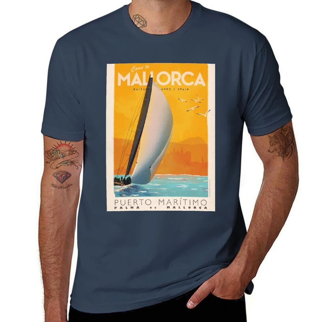 Mallorca Vintage Travel Poster Puerto Martimo Palma Tshirt Odor Resistant Short Sleeve Top