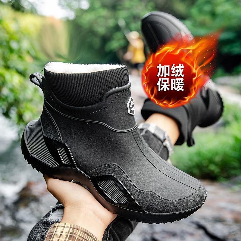 New rain shoes short tube men's adult waterproof shoes women's rain boots non-slip wear-resistant velvet warm fashion water boots