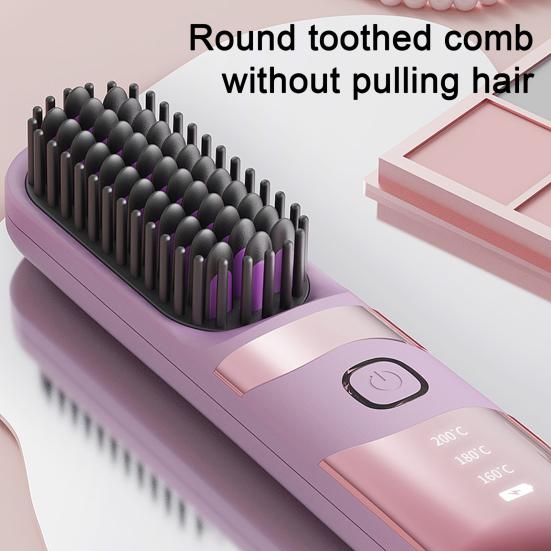 Беспроводной выпрямитель для волос Щетка 3 температурных режима Регулируемый светодиодный дисплей Быстрый нагрев Портативная дорожная электрическая горячая щетка Укладка вьющихся волос