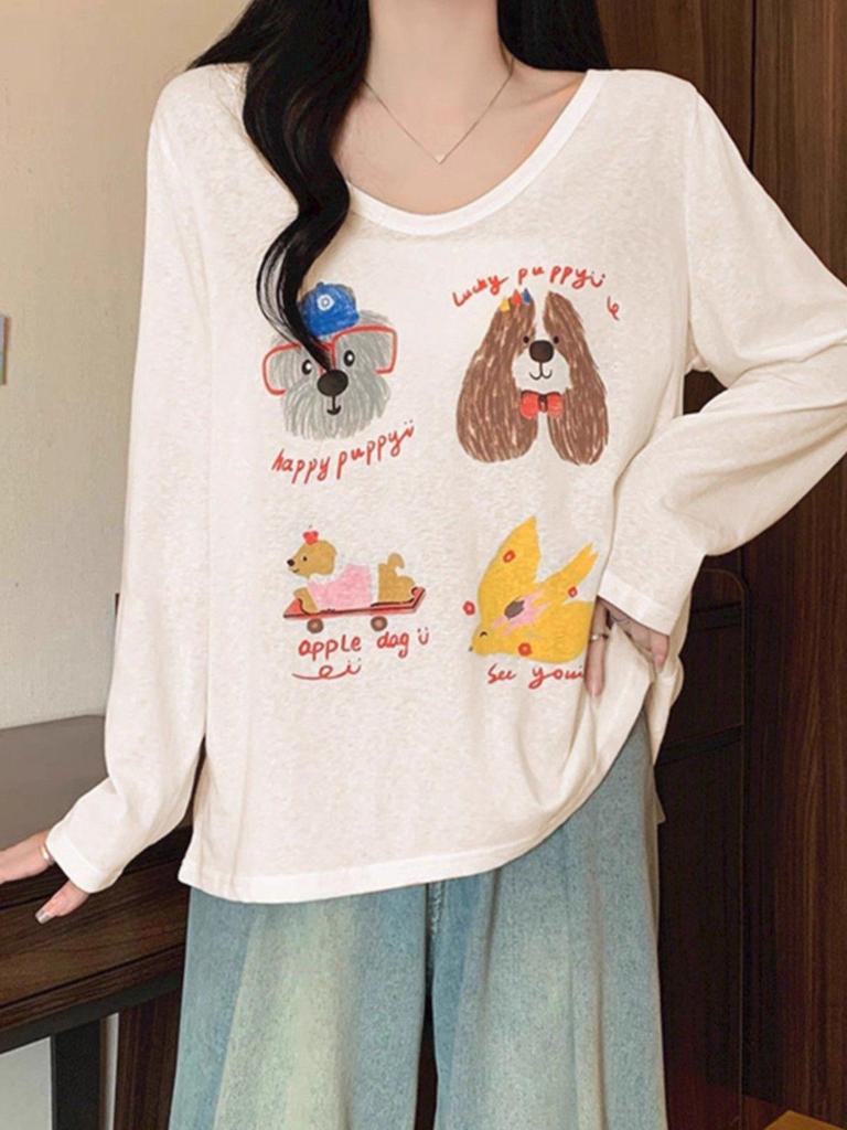 Женская абрикосовая футболка с принтом собаки, с длинным рукавом - Уютная, Повседневная, с круглым вырезом для осени/зимы