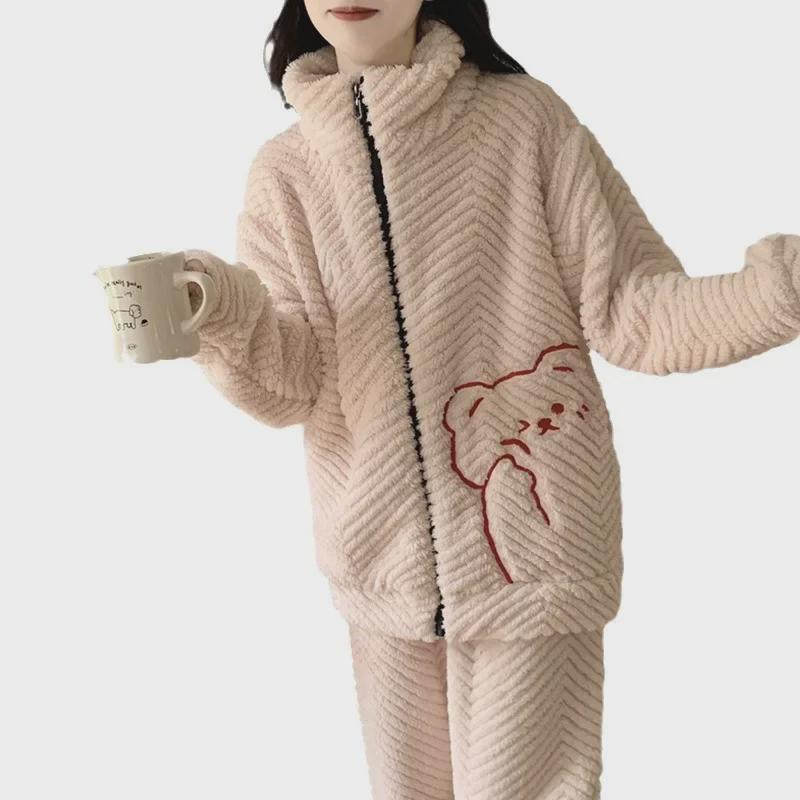 Women's Plush Zipper Pajamas - Autumn/Winter, Cute Stand Collar, Plus Size Coral Fleece Homewear